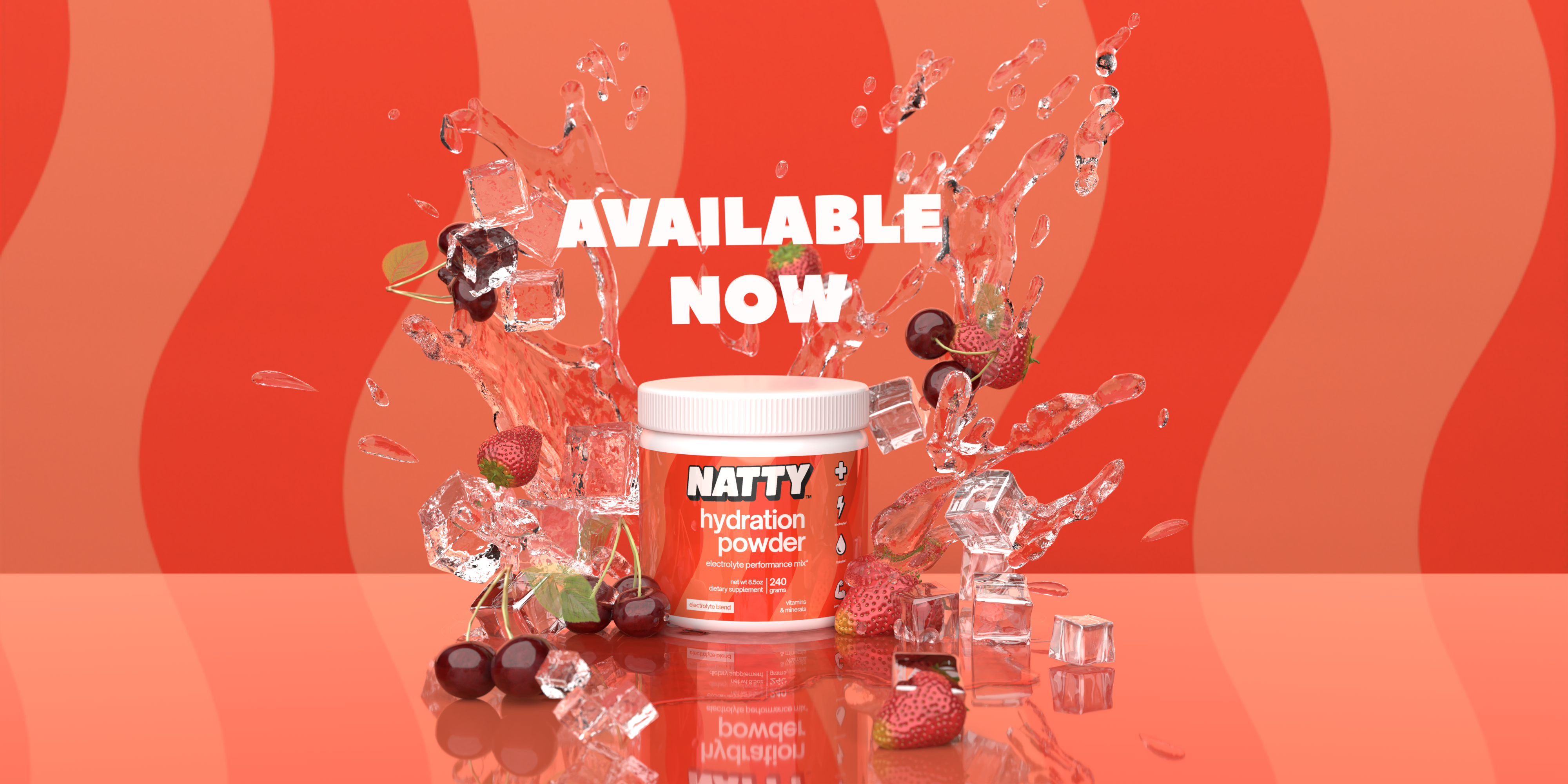 Available now: NATTY hydration powder surrounded by fruit, ice, and splashing water on a coral background